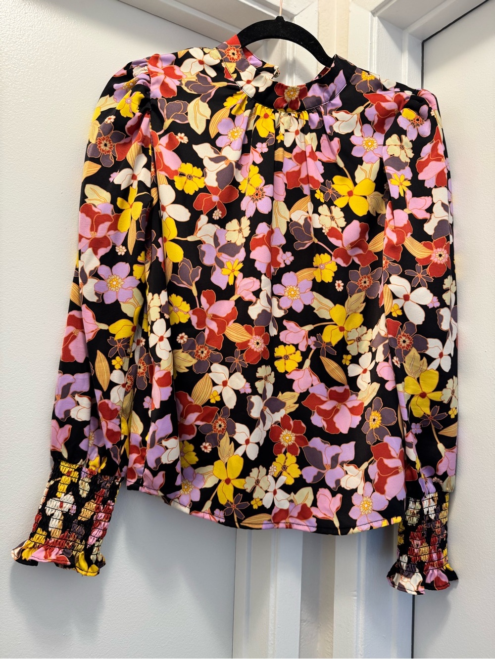 Who What Wear Black Floral Blouse with Pink Yellow Red and Cream Flowers